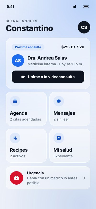 Pulzo home screen with the next appointment and the quick links.